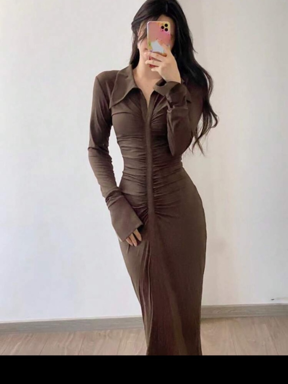 Long Sleeve Ruched Maxi Dress in Brown